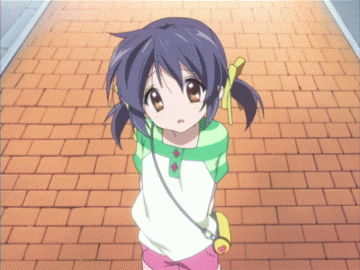 animated_gif bag blue_hair brown_eyes cap casual clannad clannad_after_story gif hair_ribbons lowres purse raglan_sleeves ribbon ribbons screencap short_hair sunohara_mei twintails