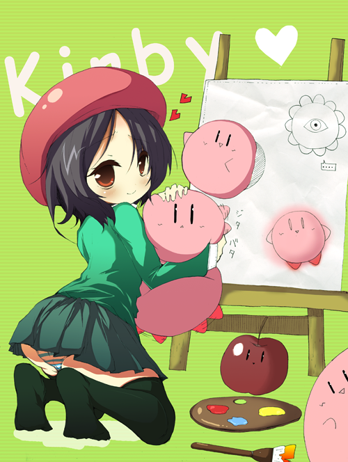 adeleine apple apples art_brush beret black_hair black_legwear brown_eyes dark_matter food fruit hat heart hug kirby kirby_(series) kirby_64 nintendo paint paintbrush palette panties pantyshot seductive_smile short_hair skirt striped striped_panties thigh-highs thighhighs underwear