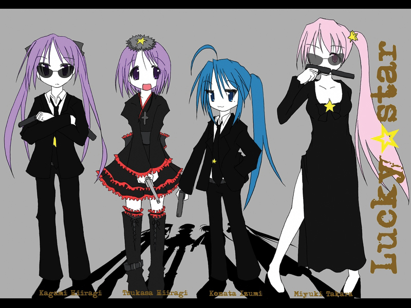 akimbo alternate_hairstyle badass_loli blue_hair boots dress dual_wield dual_wielding formal gothic_lolita gun handgun hiiragi_kagami hiiragi_tsukasa izumi_konata lineup lolita_fashion long_hair lucky_star pink_hair pistol ponytail purple_hair revolver semiautomatic short_hair side_ponytail silencer suit sunglasses suppressor takara_miyuki thigh-highs thighhighs twintails umiato weapon zettai_ryouiki