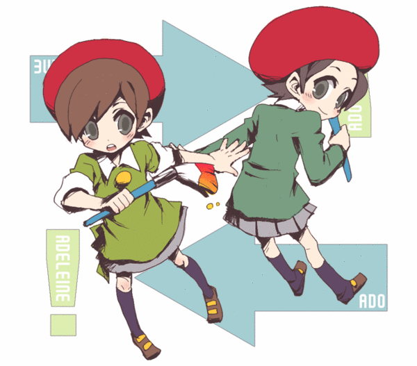 2girls adeleine ado arrow art_brush beret directional_arrow hat hoshi_no_kirby hoshi_no_kirby_3 hoshi_no_kirby_64 kirby's_dream_land_3 kirby_(series) kirby_64 nintendo paintbrush short_hair