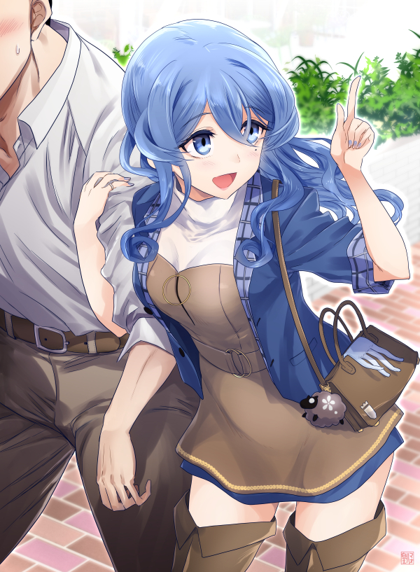 1boy 1girl admiral_(kantai_collection) animal arm_up bag bangs belt blue_eyes blue_hair blue_skirt blush boots breasts commentary_request day dress eyebrows_visible_through_hair gloves gotland_(kantai_collection) hair_between_eyes handbag holding jacket jewelry kantai_collection long_hair long_sleeves looking_away mole mole_under_eye open_mouth outdoors plant ring sheep skirt smile sumeragi_hamao thigh-highs thigh_boots thighs white_gloves