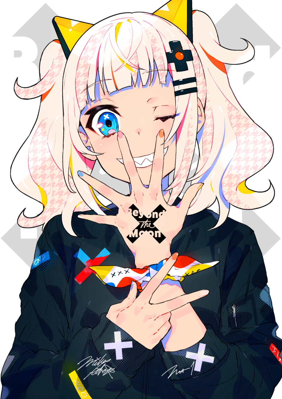 1girl bangs black_jacket blue_eyes blue_nails blunt_bangs commentary_request english eyebrows_visible_through_hair fingernails grin hair_ornament hairclip hand_up head_tilt highres jacket kaguya_luna kaguya_luna_(character) long_sleeves looking_at_viewer mika_pikazo multicolored multicolored_nails nail_polish one_eye_closed orange_nails pink_nails sharp_teeth signature sleeves_past_wrists smile solo teeth twintails virtual_youtuber white_nails x