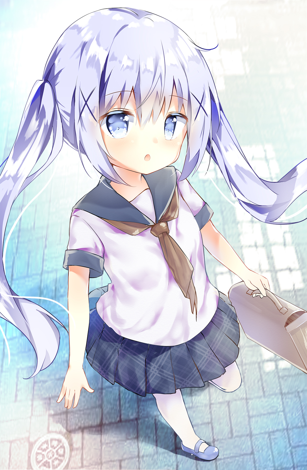 1girl :o bag bangs blue_eyes blue_footwear blue_hair blue_sailor_collar blue_skirt blush brown_neckwear commentary_request day eyebrows_visible_through_hair from_above gochuumon_wa_usagi_desu_ka? hair_between_eyes hair_ornament highres holding holding_bag kafuu_chino long_hair looking_at_viewer mary_janes outdoors pantyhose parted_lips plaid plaid_skirt pleated_skirt sailor_collar school_briefcase school_uniform serafuku shiraki_shiori shoes short_sleeves sidelocks skirt solo standing twintails very_long_hair white_legwear x_hair_ornament