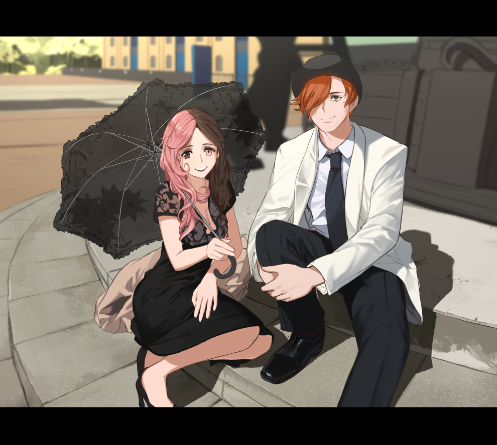 1boy 1girl bangs black_dress black_footwear black_hair black_hat black_neckwear black_pants black_umbrella brown_eyes brown_hair day dishwasher1910 dress hat heterochromia high_heels holding holding_umbrella jacket looking_at_viewer multicolored_hair necktie neo_(rwby) open_clothes open_jacket outdoors pants parted_bangs pink_eyes pink_hair roman_torchwick rwby shadow shirt short_dress short_sleeves sitting smile two-tone_hair umbrella white_jacket white_shirt