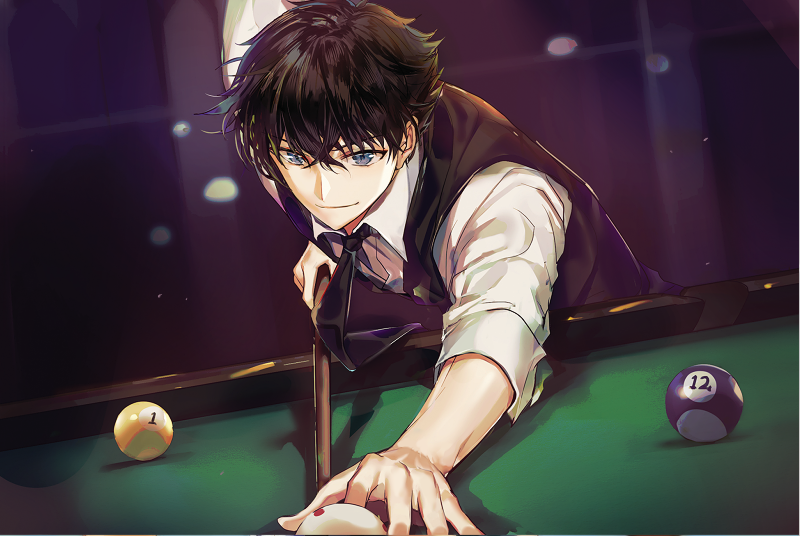 1boy black_hair black_jacket black_neckwear blue_eyes hair_between_eyes holding indoors jacket joypyonn kuroba_kaito magic_kaito male_focus necktie shirt short_hair sleeveless_jacket smile solo upper_body white_shirt