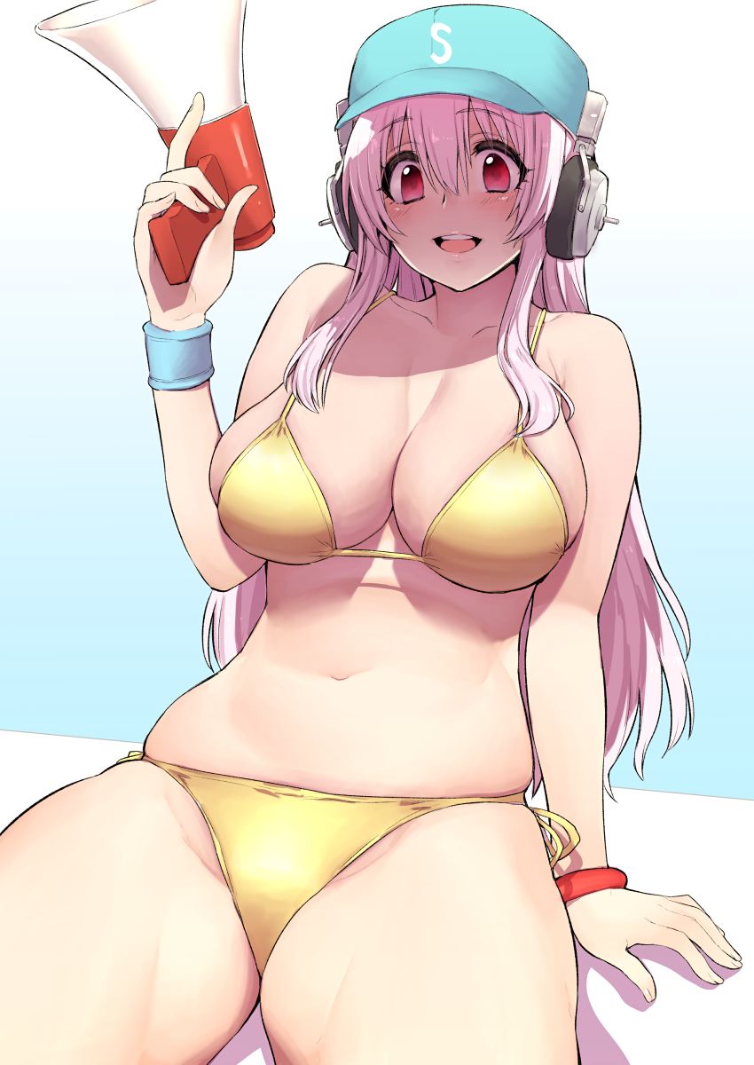 1girl :d angelo_(gomahangetsu) arm_at_side arm_support baseball_cap bikini blush bracelet breasts cleavage collarbone commentary_request eyebrows_visible_through_hair hair_between_eyes hat headphones highres jewelry large_breasts long_hair looking_at_viewer megaphone navel nitroplus open_mouth pink_hair red_eyes side-tie_bikini sidelocks sitting skindentation smile solo stomach super_sonico swimsuit wristband yellow_bikini