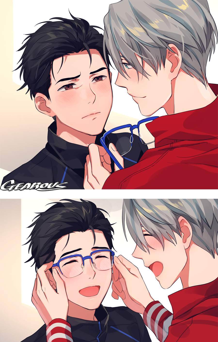 2boys 2koma :d ^_^ artist_name black_hair black_jacket blue-framed_eyewear blue_eyes blush brown_eyes close-up closed_eyes closed_eyes comic eyelashes eyewear_removed face fingernails frown gearous glasses grey_hair half-closed_eyes hands_on_another's_face happy height_difference highres jacket katsuki_yuuri long_sleeves looking_at_another male_focus multiple_boys open_mouth profile red_jacket short_hair simple_background smile standing upper_body viktor_nikiforov white_background yuri!!!_on_ice
