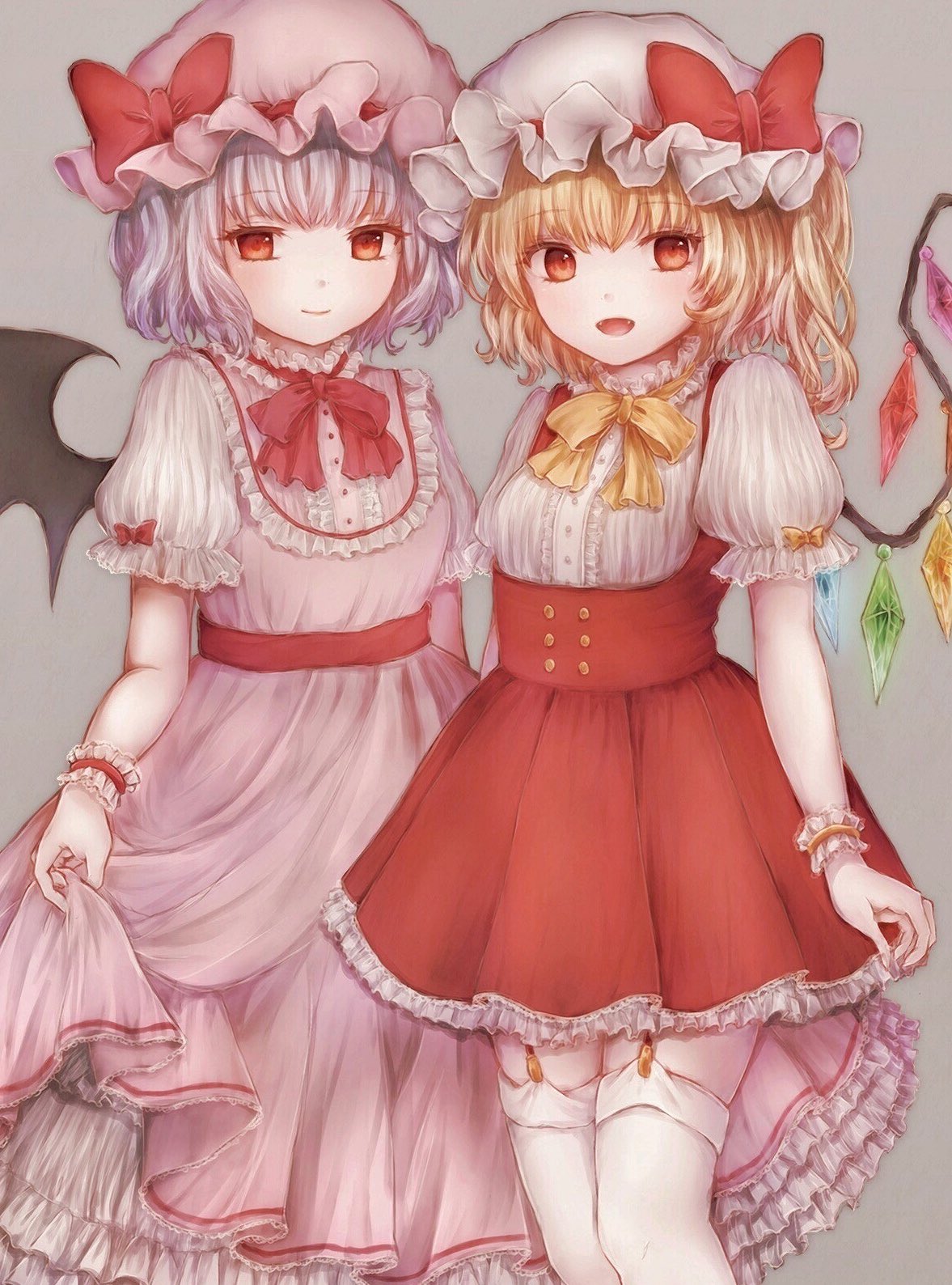 2girls :d adapted_costume bat_wings bebitera blonde_hair bow center_frills closed_mouth crystal dress eyebrows_visible_through_hair fangs flandre_scarlet frilled_sleeves frills garter_straps grey_background hat hat_ribbon highres lavender_hair long_dress looking_at_viewer mob_cap multiple_girls neck_ribbon one_side_up open_mouth petticoat pinafore_dress pink_dress puffy_short_sleeves puffy_sleeves red_bow red_dress red_eyes red_neckwear red_ribbon remilia_scarlet ribbon short_dress short_hair short_sleeves siblings simple_background sisters skirt_hold smile standing thigh-highs touhou underbust white_legwear wings wrist_cuffs yellow_neckwear