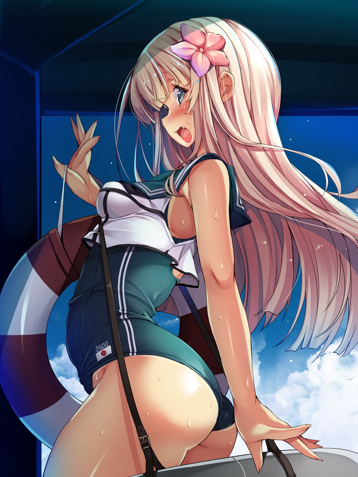 1girl armpits ass bad_hands bangs belt blonde_hair blue_eyes blue_sky blush breasts clouds commentary_request crop_top eyebrows_visible_through_hair fang flower hair_between_eyes hair_flower hair_ornament highres kantai_collection lifebuoy long_hair looking_at_viewer one-piece_swimsuit one-piece_tan ro-500_(kantai_collection) sailor_collar school_swimsuit school_uniform serafuku sky smile solo standing swimsuit swimsuit_under_clothes tan tanline thighs torisan torpedo wet