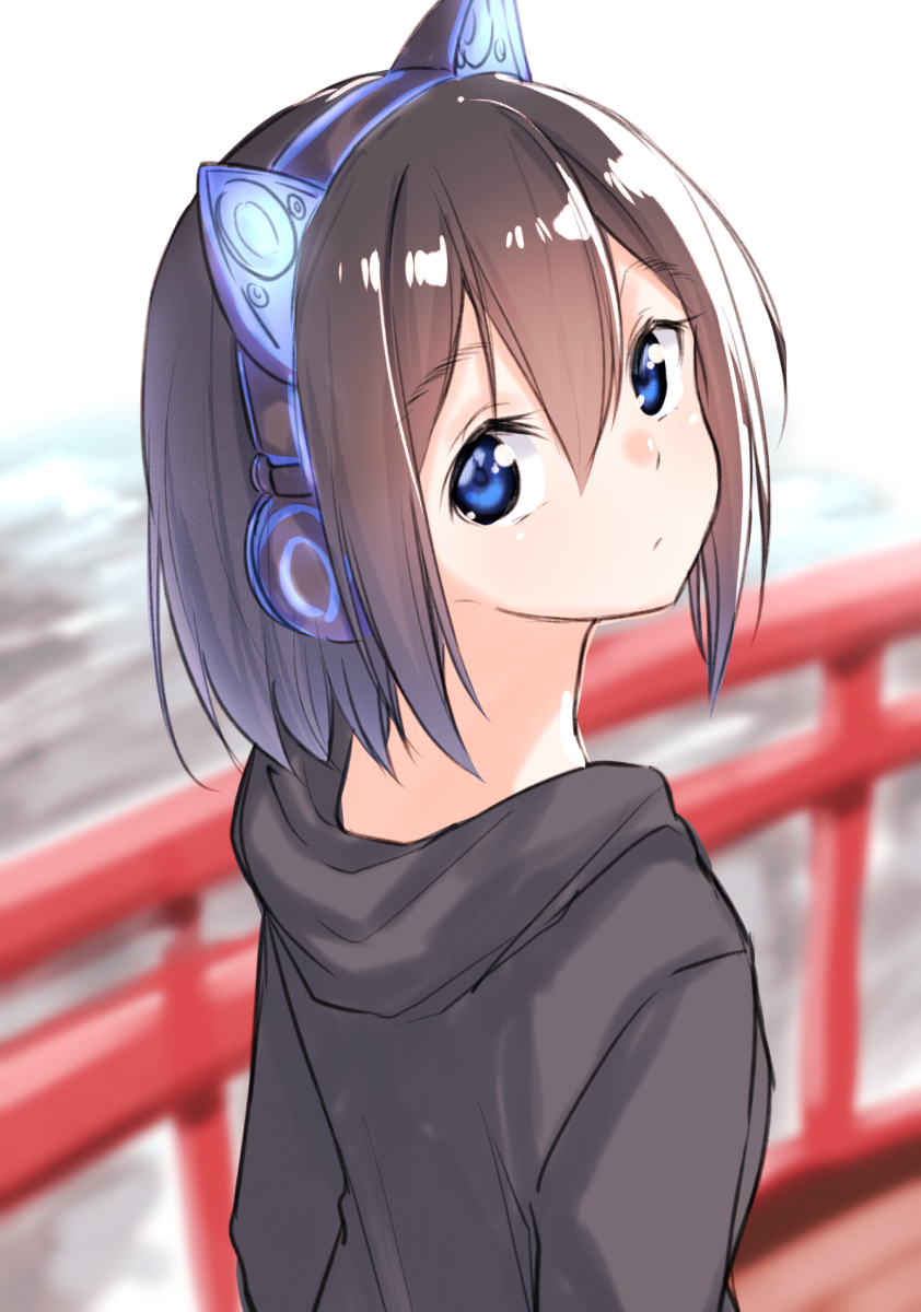 1girl animal_ears bangs black_jacket blue_eyes blurry blurry_background bridge brown_hair cat_ear_headphones cat_ears closed_mouth commentary_request depth_of_field eyebrows_visible_through_hair hair_between_eyes headphones highres hood hood_down hooded_jacket jacket looking_at_viewer looking_back original railing solo suzunari_shizuku upper_body yuki_arare