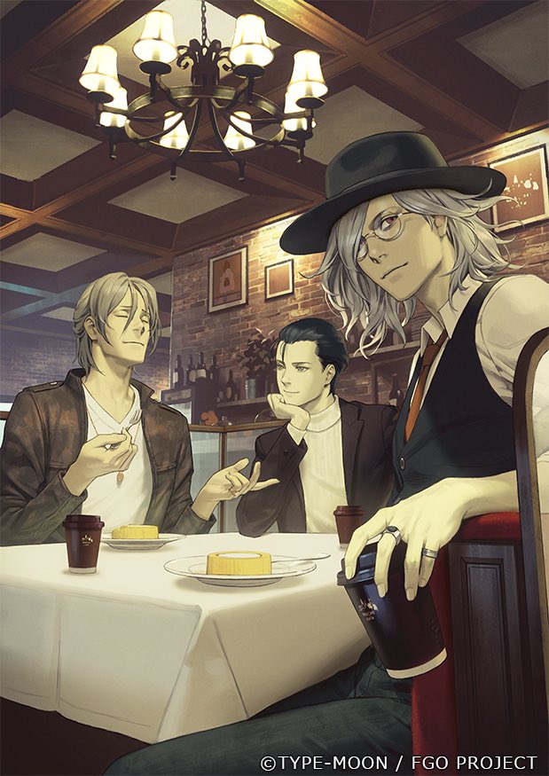 3boys antonio_salieri_(fate/grand_order) black_hair chin_rest closed_eyes coffee contemporary eating edmond_dantes_(fate/grand_order) fate/grand_order fate_(series) fedora fork glasses grey_hair hair_slicked_back hat jewelry multiple_boys necktie official_art plate ring sherlock_holmes_(fate/grand_order) table watermark yuu_kikuchi