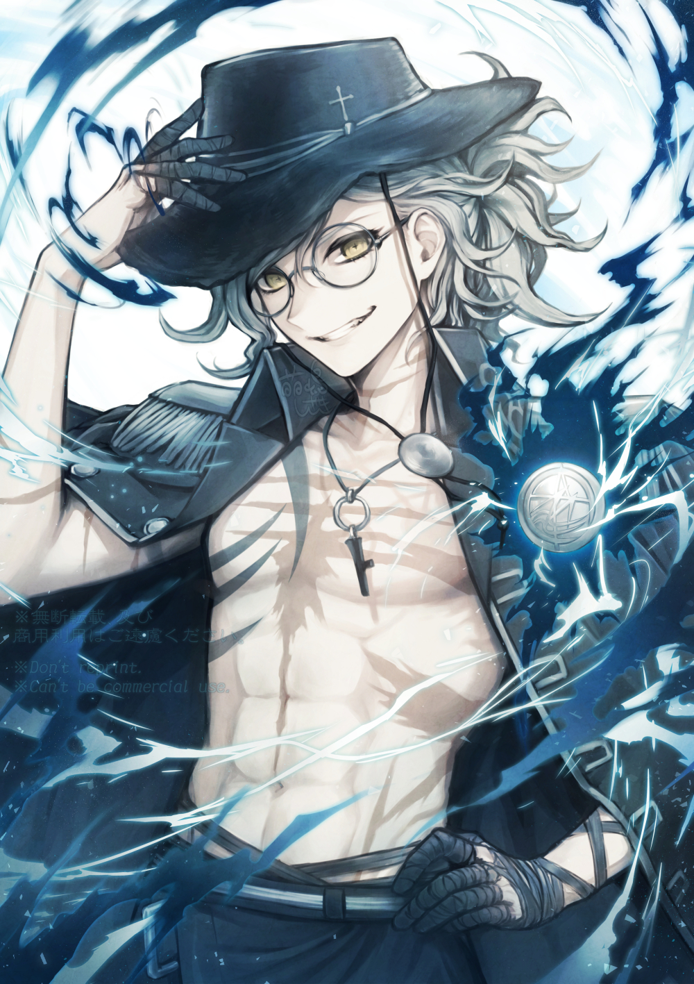 1boy abs black_coat black_hat edmond_dantes_(fate/grand_order) epaulettes fate/grand_order fate_(series) fedora glasses grin hat highres jacket_on_shoulders kizashima_shizaki looking_at_viewer male_focus monte_cristo_selection popped_collar scar shirtless smile solo upper_body watermark wavy_hair white_hair yellow_eyes