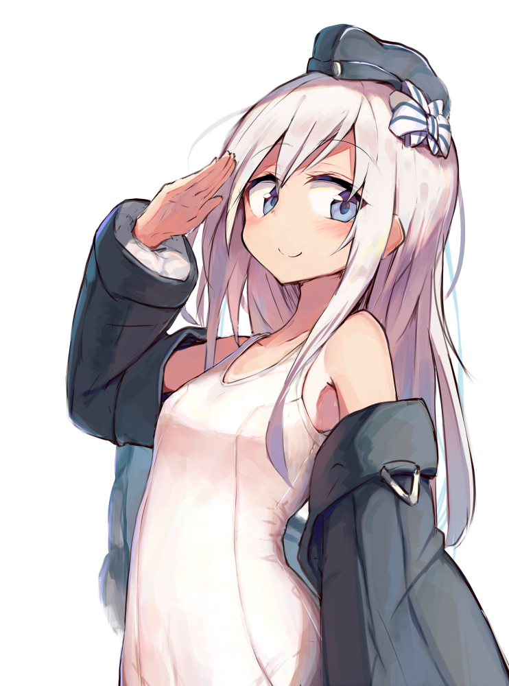 1girl arm_up armpits bangs beize_(garbage) blue_eyes blush bow closed_mouth cowboy_shot eyebrows_visible_through_hair garrison_cap hair_between_eyes hair_bow hair_ornament hat jacket kantai_collection long_hair long_sleeves looking_at_viewer puffy_long_sleeves puffy_sleeves school_swimsuit simple_background smile solo standing swimsuit swimsuit_under_clothes tan tanline u-511_(kantai_collection) white_background white_hair white_school_swimsuit white_swimsuit