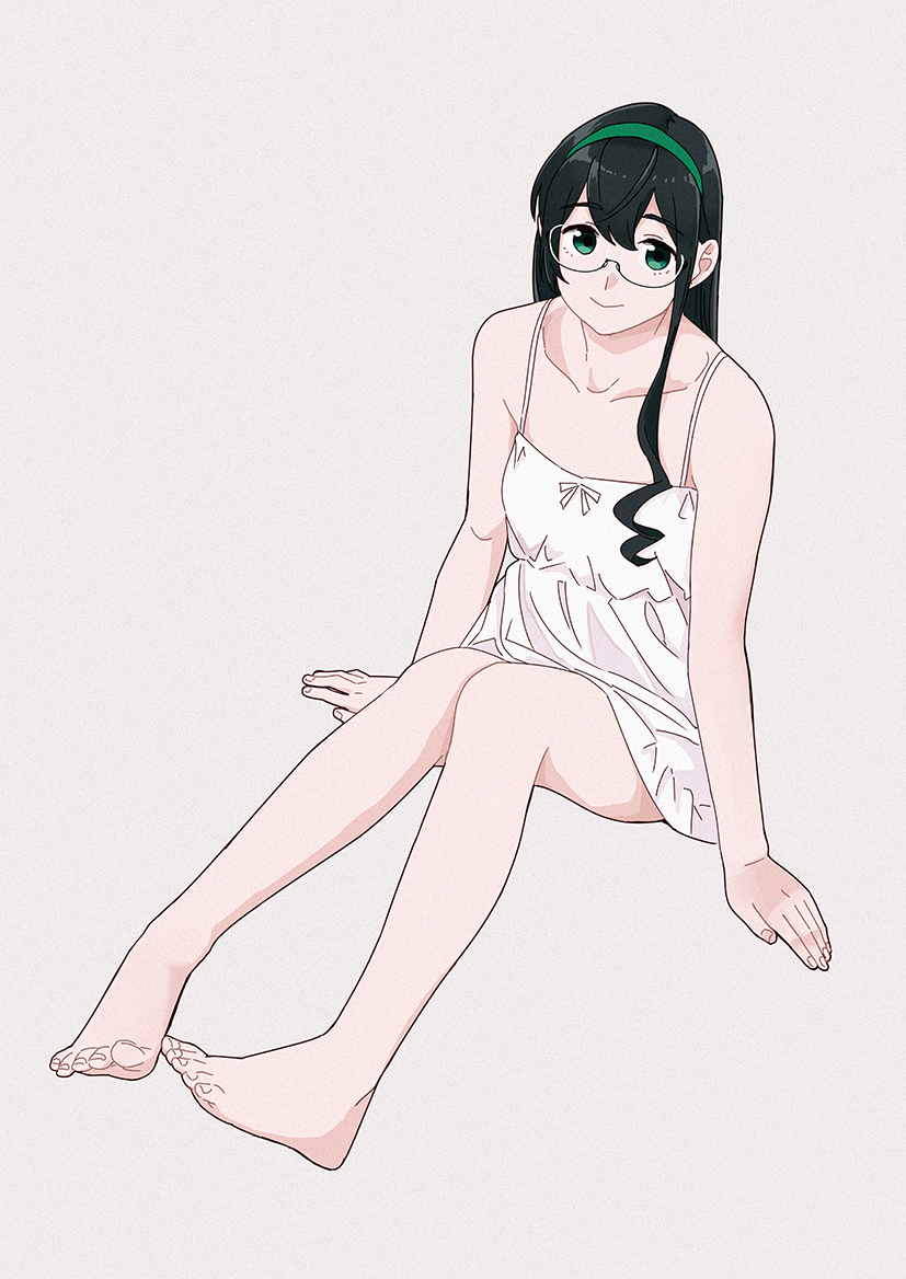 1girl bare_arms bare_legs bare_shoulders barefoot black_hair commentary_request dress feet film_grain flat_chest full_body green_eyes green_hairband grey_background hairband kantai_collection long_hair nightgown ojipon ooyodo_(kantai_collection) simple_background sitting solo spaghetti_strap toe_scrunch white_dress