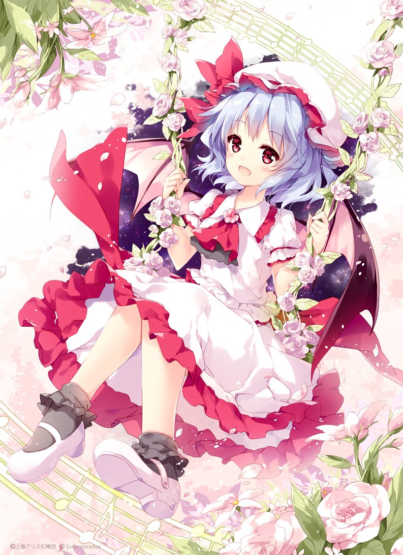 1girl :d ascot bat_wings black_legwear blush bobby_socks eyebrows_visible_through_hair flower frilled_shirt_collar frilled_skirt frilled_sleeves frills full_body hat hat_ribbon knees_together_feet_apart lavender_hair looking_at_viewer mary_janes mob_cap mochizuki_shiina musical_note open_mouth petals pink_flower pink_rose puffy_short_sleeves puffy_sleeves red_eyes red_neckwear red_ribbon remilia_scarlet ribbon rose shirt shoes short_hair short_sleeves skirt skirt_set smile socks solo swing touhou watermark white_footwear white_shirt white_skirt wings