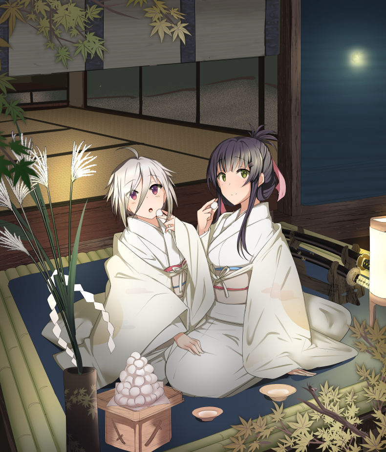 2girls 80mph ahoge architecture bamboo black_hair cup dango east_asian_architecture folded_ponytail food gohei green_eyes hair_ornament hair_ribbon hairclip hand_on_another's_thigh itomi_sayaka japanese_clothes katana kimono lantern long_hair maple_tree mat moon multiple_girls night night_sky obi ribbon sakazuki sanbou sash sheath sheathed short_hair sky sliding_doors susuki_grass sword tatami toji_no_miko tree tsukimi tsukimi_dango violet_eyes wagashi weapon white_hair wooden_floor yanase_mai