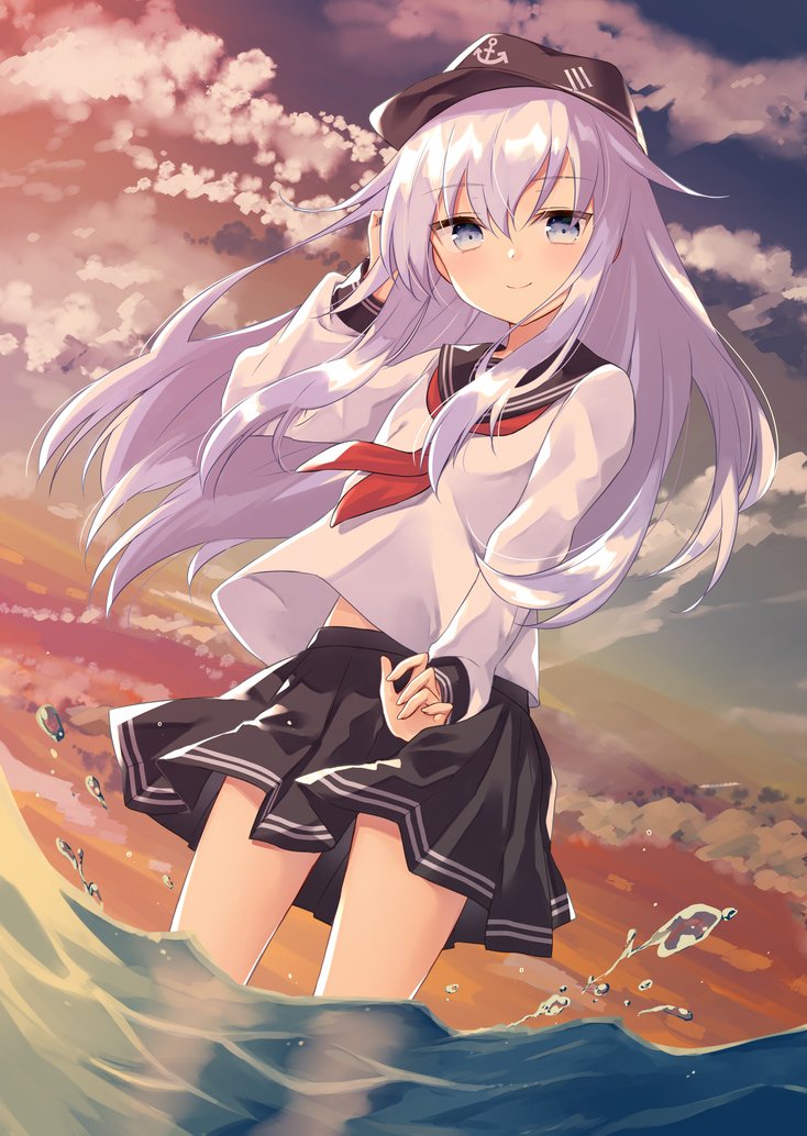 1girl black_hat black_sailor_collar black_skirt blue_eyes clouds cloudy_sky eyebrows_visible_through_hair flat_cap hair_between_eyes hat hibiki_(kantai_collection) kantai_collection long_hair long_sleeves neckerchief partially_submerged pleated_skirt purin_jiisan red_neckwear sailor_collar school_uniform serafuku silver_hair skirt sky smile solo tamanotsuyu water