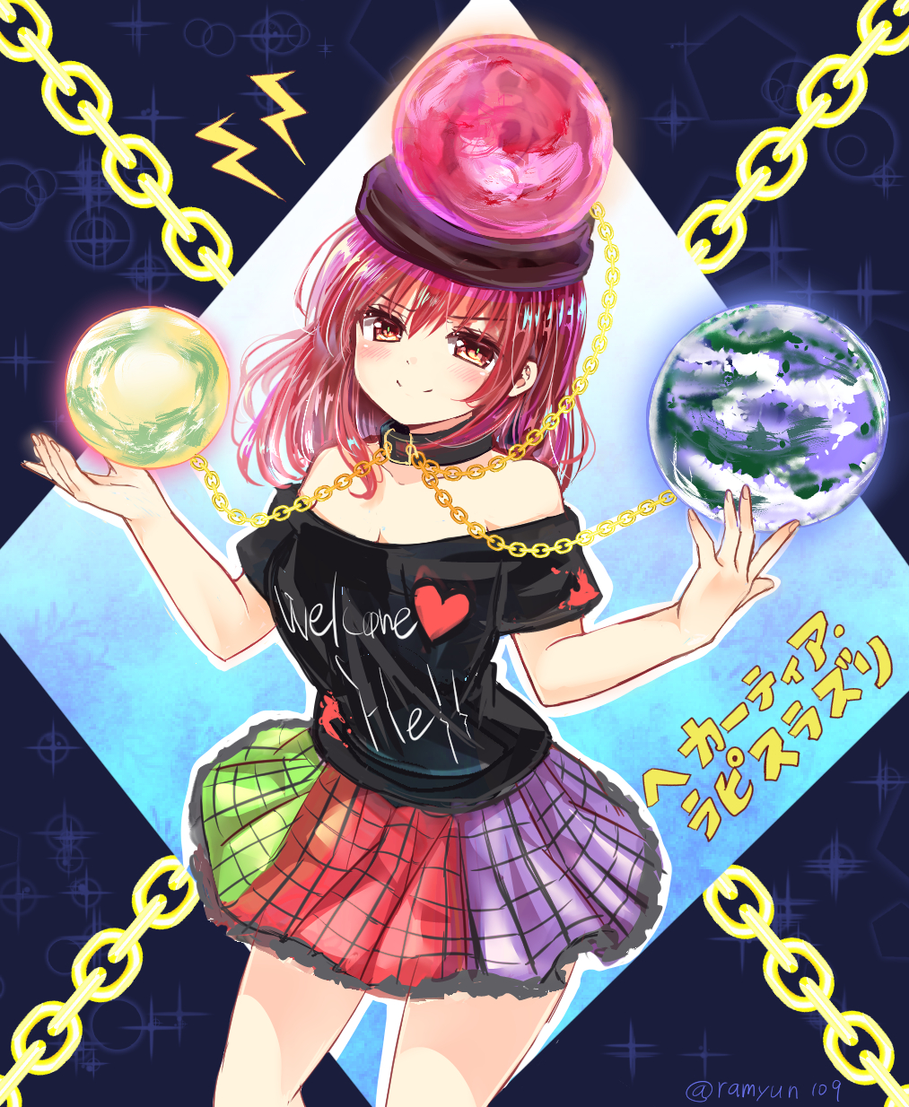 1girl chain chains collar commentary_request crystal crystal_ball english evil_smile glaring globe gold_chain grin heart hecatia_lapislazuli highres lightning_bolt multicolored multicolored_clothes multicolored_skirt ramudia_(lamyun) red_eyes redhead shirt skirt smile solo t-shirt thighs touhou