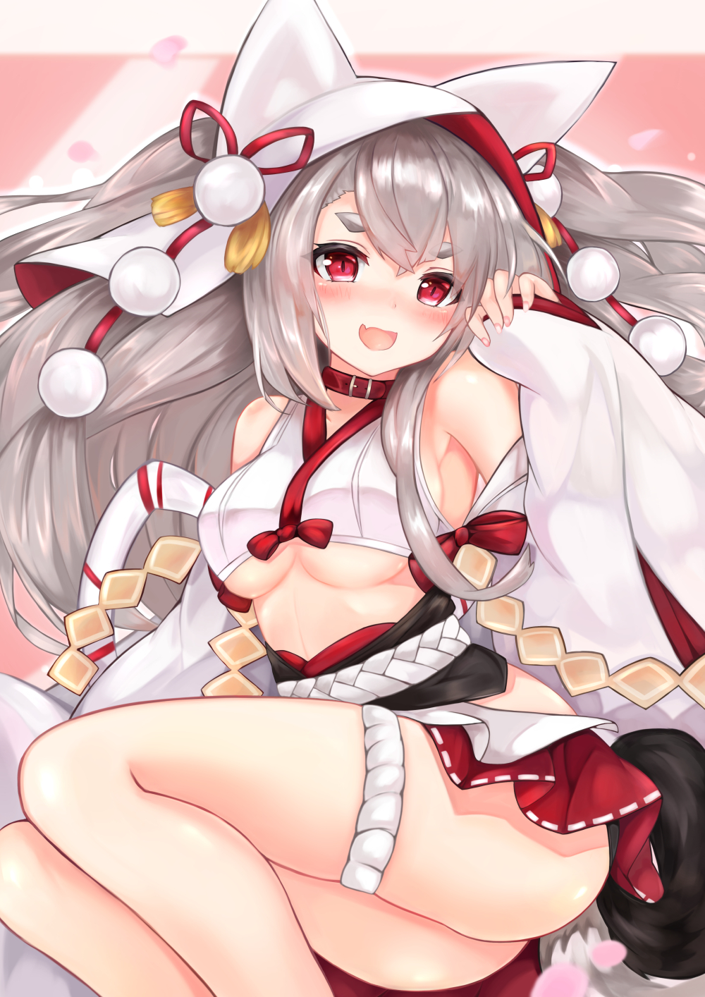 1girl :d animal_ears animal_hood ass azur_lane bangs blurry blurry_background blush bow breasts brown_eyes commentary_request crop_top depth_of_field eyebrows_visible_through_hair fang feet_out_of_frame hair_between_eyes head_tilt highres hood hood_down long_hair long_sleeves looking_at_viewer medium_breasts open_mouth petals pinching_sleeves pleated_skirt pom_pom_(clothes) red_bow red_eyes red_skirt ryara_vivi short_eyebrows skirt sleeves_past_wrists smile solo tail thick_eyebrows under_boob very_long_hair wide_sleeves wolf wolf_ears wolf_tail yuudachi_(azur_lane)