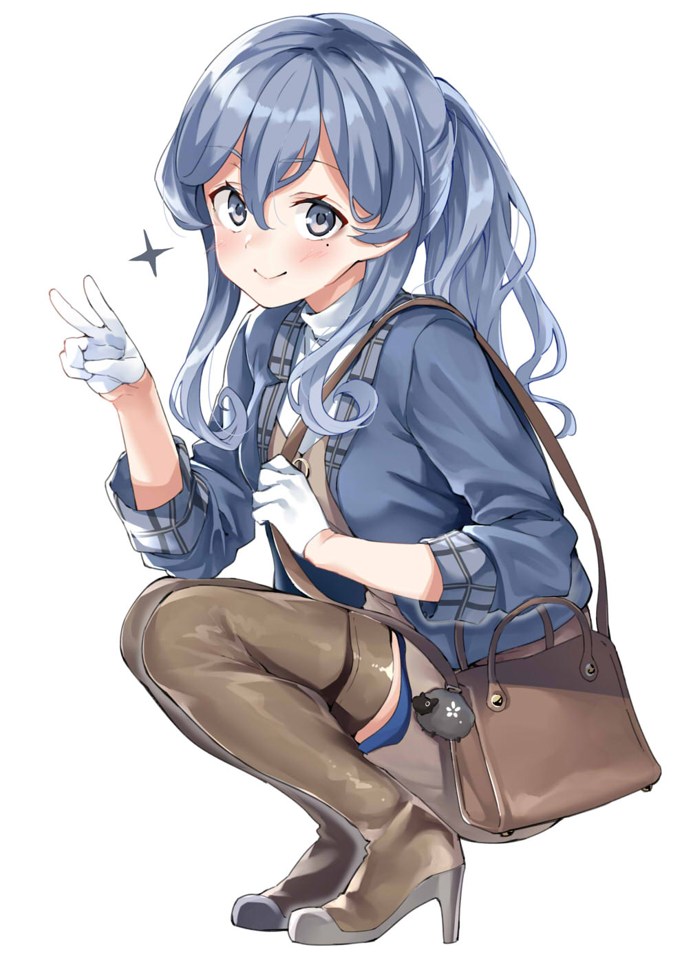 1girl bag blue_eyes blue_hair blue_jacket blush boots brown_footwear closed_mouth dress ebifurya eyebrows_visible_through_hair gloves gotland_(kantai_collection) hair_between_eyes highres jacket kantai_collection long_hair long_sleeves looking_at_viewer remodel_(kantai_collection) short_dress side_ponytail simple_background sitting smile solo thigh-highs thigh_boots v white_background white_gloves