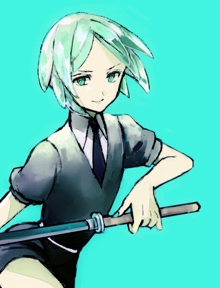 1other androgynous aqua_background gem_uniform_(houseki_no_kuni) green_eyes green_hair houseki_no_kuni looking_at_viewer necktie phosphophyllite roji_(rozio) short_hair smile solo sword weapon