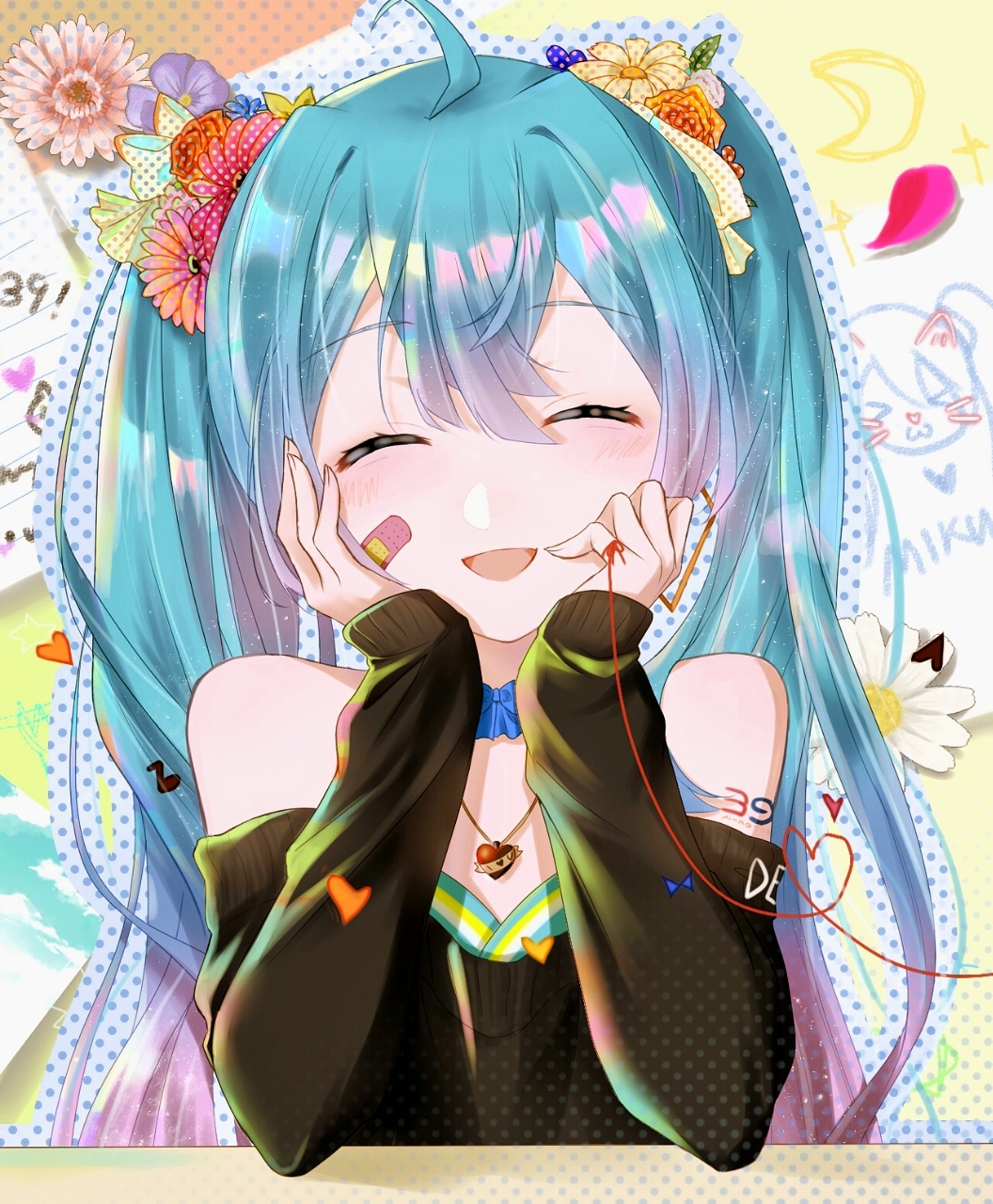 1girl 39 :d ^_^ abstract_background ahoge alternate_costume aqua_hair bandaid bandaid_on_face bangs bare_shoulders black_sweater blue_bow blue_choker blush bow bow_choker character_name choker closed_eyes closed_eyes crescent_moon daisy earrings eighth_note eyebrows_visible_through_hair facing_viewer flower gradient_hair hair_flower hair_ornament hands_on_own_cheeks hands_on_own_face hands_up hatsune_miku heart heart_necklace heart_of_string highres jewelry long_hair long_sleeves moon multicolored_hair musical_note number_tattoo off-shoulder_sweater open_mouth osagelts1213 pendant petals pink_hair polka_dot red_string rose shiny shiny_hair shoulder_tattoo sleeves_past_wrists smile solo string sweater tattoo twintails upper_body vocaloid