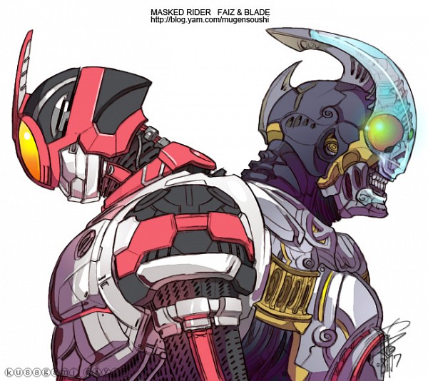 2boys armor artist_name back-to-back character_name english full_armor helmet kamen_rider kamen_rider_555 kamen_rider_blade kamen_rider_blade_(series) kamen_rider_faiz kusagami_style male_focus multiple_boys signature teeth