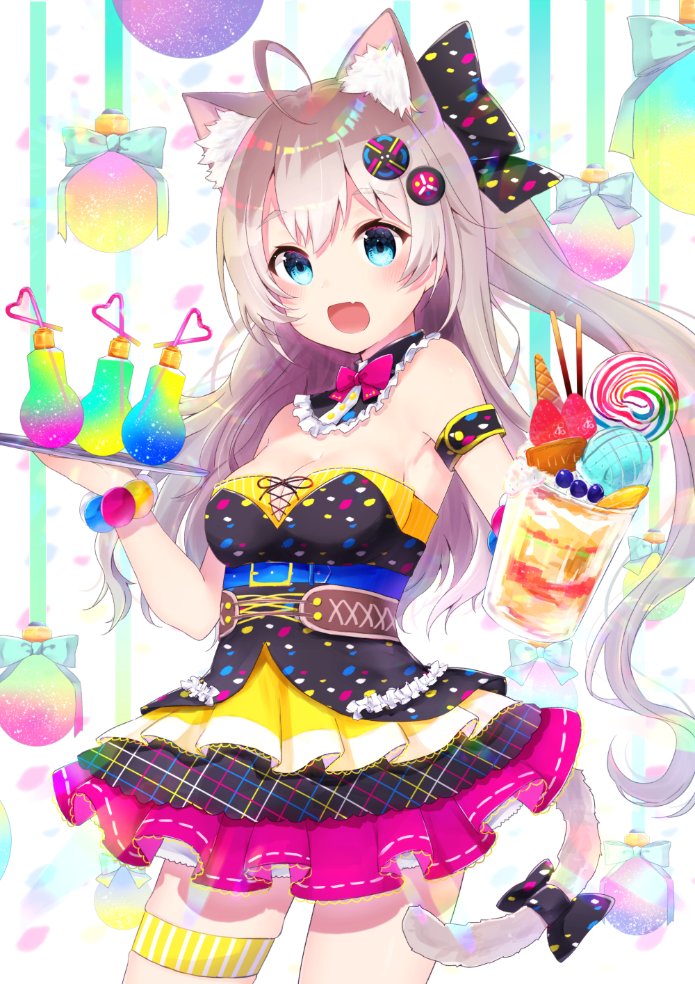 1girl :d ahoge animal_ear_fluff animal_ears bangs bare_shoulders black_bow black_shirt black_skirt blue_eyes blush bow breasts brown_hair candy cat_ears cat_girl cat_tail cleavage commentary_request cowboy_shot crazy_straw cup drink drinking_straw eyebrows_visible_through_hair fang food fruit gyozanuko hair_between_eyes hair_bow highres holding holding_tray ice_cream lollipop long_hair medium_breasts mug open_mouth original pocky shirt skirt smile solo standing strapless strawberry swirl_lollipop tail tail_bow thigh_strap tray very_long_hair