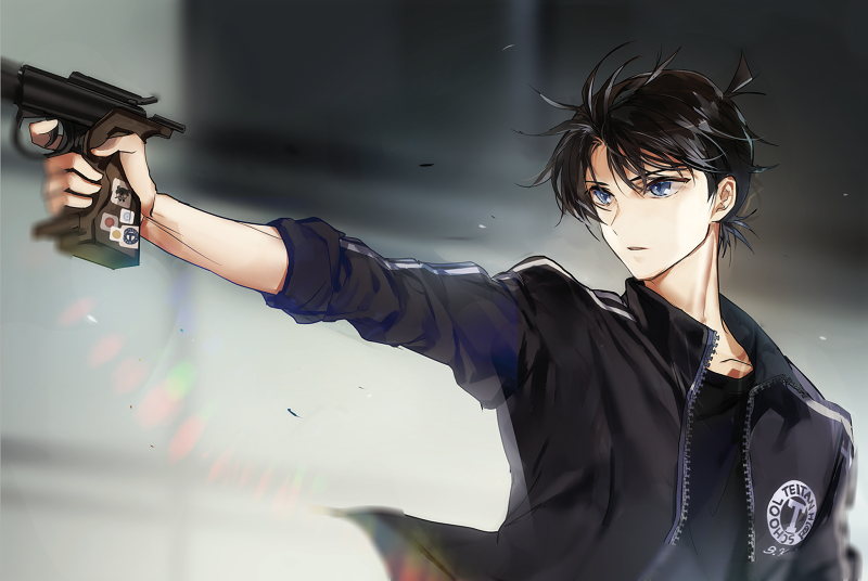 1boy black_hair black_jacket black_shirt blue_eyes collarbone gun hair_between_eyes holding holding_gun holding_weapon jacket joypyonn kudou_shin'ichi male_focus meitantei_conan open_clothes open_jacket outstretched_arm parted_lips shirt solo unzipped upper_body weapon