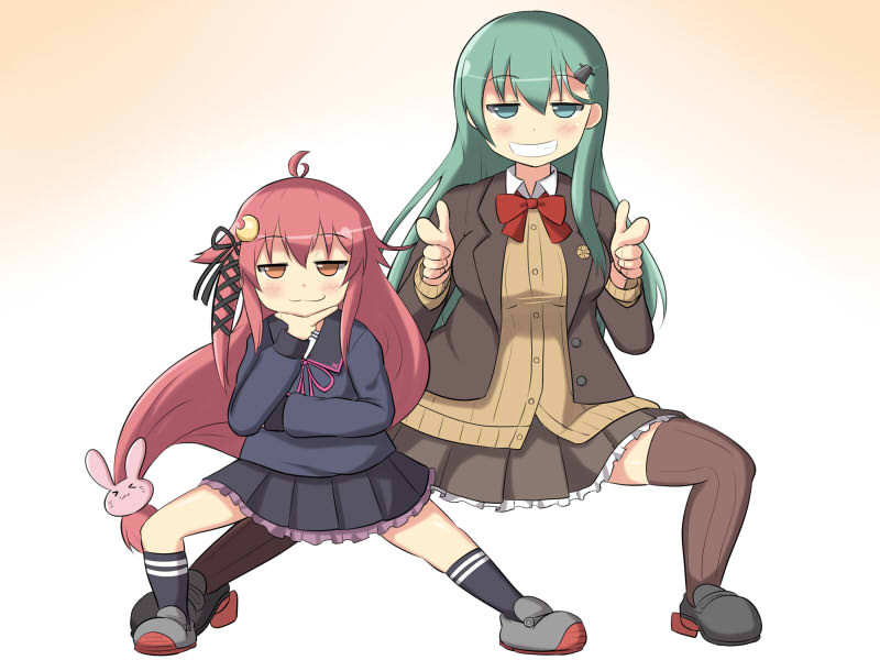 2girls ahoge black_skirt blazer brown_legwear brown_skirt bunny_hair_ornament commentary_request crescent crescent_hair_ornament finger_gun frilled_skirt frills full_body gradient gradient_background green_eyes green_hair grin hair_ornament hairclip hand_on_own_chin jacket kantai_collection long_hair multiple_girls orange_hair pink_hair pleated_skirt poptepipic pose remodel_(kantai_collection) school_uniform serafuku skirt smile smug suzuya_(kantai_collection) thigh-highs uzuki_(kantai_collection) yukimi_unagi