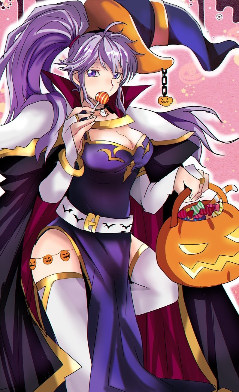 1girl breasts candy cape cleavage cleavage_cutout eating fire_emblem fire_emblem_heroes food halloween halloween_basket hat high_collar highres ishtar_(fire_emblem) large_breasts lollipop long_hair looking_at_viewer nintendo pauldrons ponytail pumpkin purple_hair rem_sora410 thigh-highs violet_eyes witch_hat