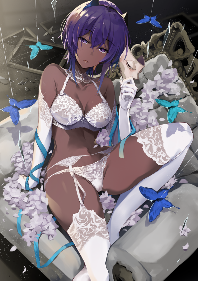 1girl arm_support bangs blush bra breasts bug butterfly choker cleavage collarbone commentary_request dark_skin earrings elbow_gloves fate/prototype fate/prototype:_fragments_of_blue_and_silver fate_(series) garter_belt garter_straps gloves hair_between_eyes hassan_of_serenity_(fate) hirai_yuzuki holding holding_mask horns insect jewelry knee_up lace lace-trimmed_gloves lace-trimmed_thighhighs lace_bra lace_choker lace_panties mask navel panties purple_hair short_hair sidelocks sitting skull skull_mask stomach thigh-highs underwear underwear_only white_bra white_gloves white_legwear white_panties