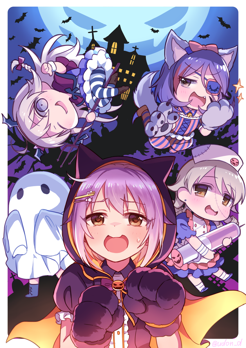 ahoge alternate_costume animal_ears bandage bat bat_wings blanket braid brown_eyes brown_hair cape doseki_udon eyepatch fang ghost grey_eyes grey_hair hair_ornament hair_ribbon hairclip hat hayasaka_mirei highres hood hoshi_shouko idolmaster idolmaster_cinderella_girls idolmaster_cinderella_girls_starlight_stage koshimizu_sachiko long_hair mansion moon morikubo_nono nurse nurse_cap polearm purple_hair ribbon shaded_face sparkle stitches striped striped_legwear sweatdrop syringe tail trident vertical_stripes weapon wings wolf_ears wolf_paws wolf_tail zombie