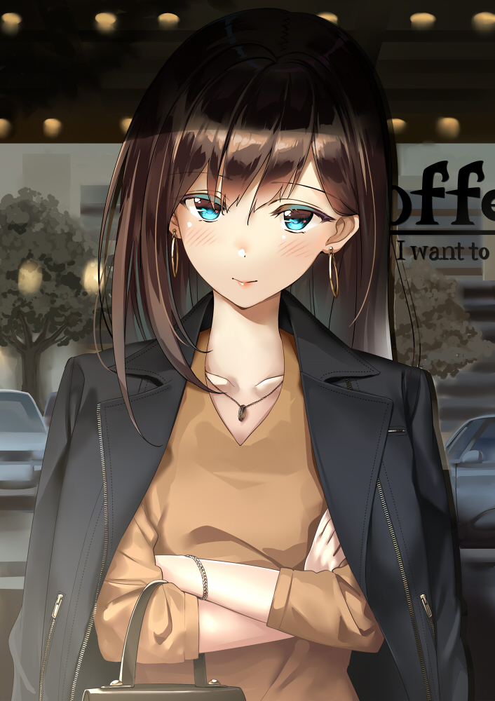 1girl bag bangs black_jacket blue_eyes bracelet brown_hair brown_shirt car collarbone commentary_request crossed_arms earrings eyebrows_visible_through_hair ground_vehicle handbag hoop_earrings jacket jacket_on_shoulders jewelry kinugasa_yuuichi light_blush long_hair looking_at_viewer motor_vehicle original pendant reflection shirt smile solo tree upper_body v-neck