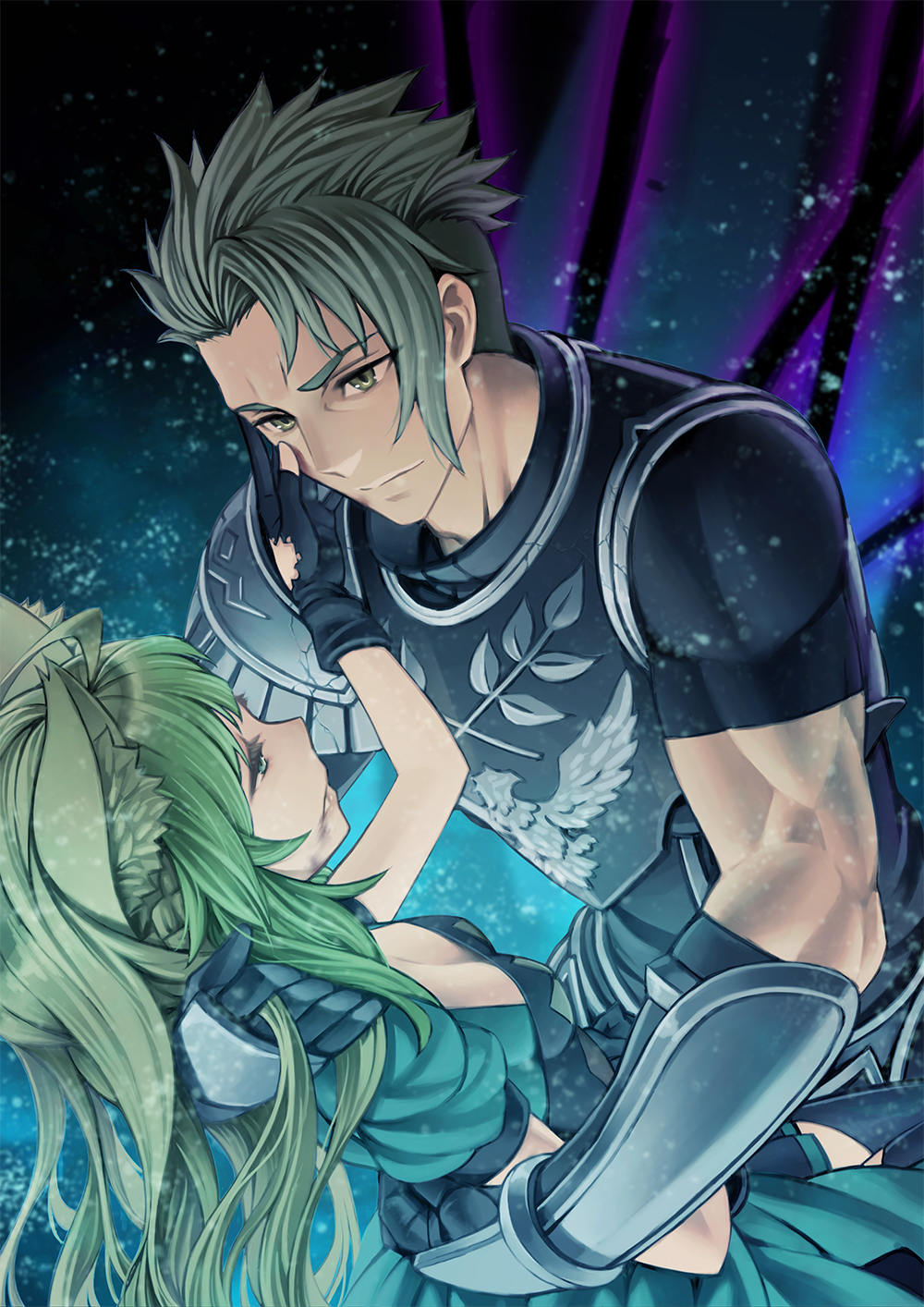 1boy 1girl achilles_(fate) ahoge animal_ears armor atalanta_(fate) black_gloves blonde_hair breasts cat_ears fate/apocrypha fate_(series) gloves green_eyes green_hair hand_on_another's_face highres kame_(pixiv) light_smile long_hair looking_at_another small_breasts very_long_hair