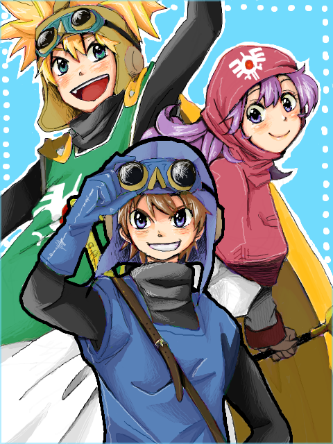 1girl bodysuit breasts cape closed_mouth commentary_request curly_hair dragon_quest dragon_quest_ii dress gloves goggles goggles_on_head goggles_on_headwear hat hood hood_up karin_(karin85) long_hair looking_at_viewer multiple_boys open_mouth prince_of_lorasia prince_of_samantoria princess princess_of_moonbrook purple_hair short_hair smile spiky_hair staff sword violet_eyes weapon