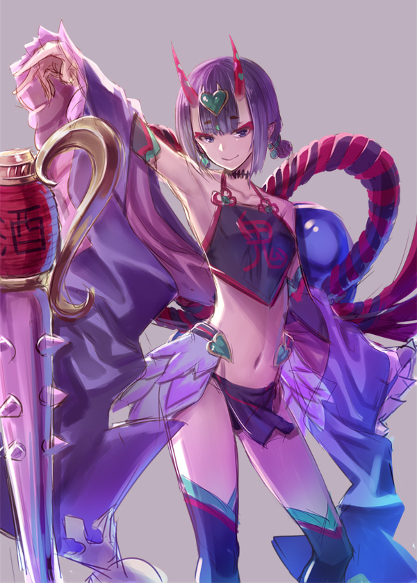 1girl armpits bare_shoulders eyeliner fate/grand_order fate_(series) gourd hair_ornament horns looking_at_viewer makeup navel oni oukawa_yuu pointy_ears purple_hair short_hair shuten_douji_(fate/grand_order) sketch smile solo thigh-highs violet_eyes