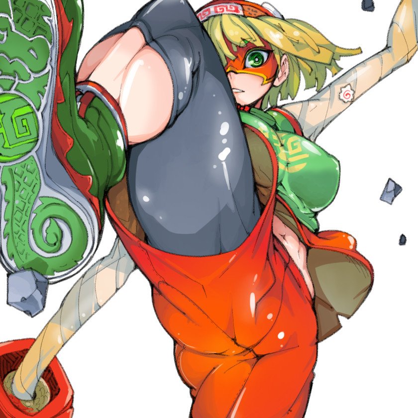 1girl arms_(game) bangs beanie bike_shorts blonde_hair blunt_bangs bob_cut breasts domino_mask fighting_stance food green_eyes green_footwear hat high_tops kamaboko kicking knit_hat large_breasts leg_up looking_at_viewer looking_down mask min_min_(arms) narutomaki navel noodles orange_shorts pom_pom_(clothes) short_hair shorts simple_background soles solo split standing standing_on_one_leg standing_split stomach takayama_toshinori teriyaki white_background