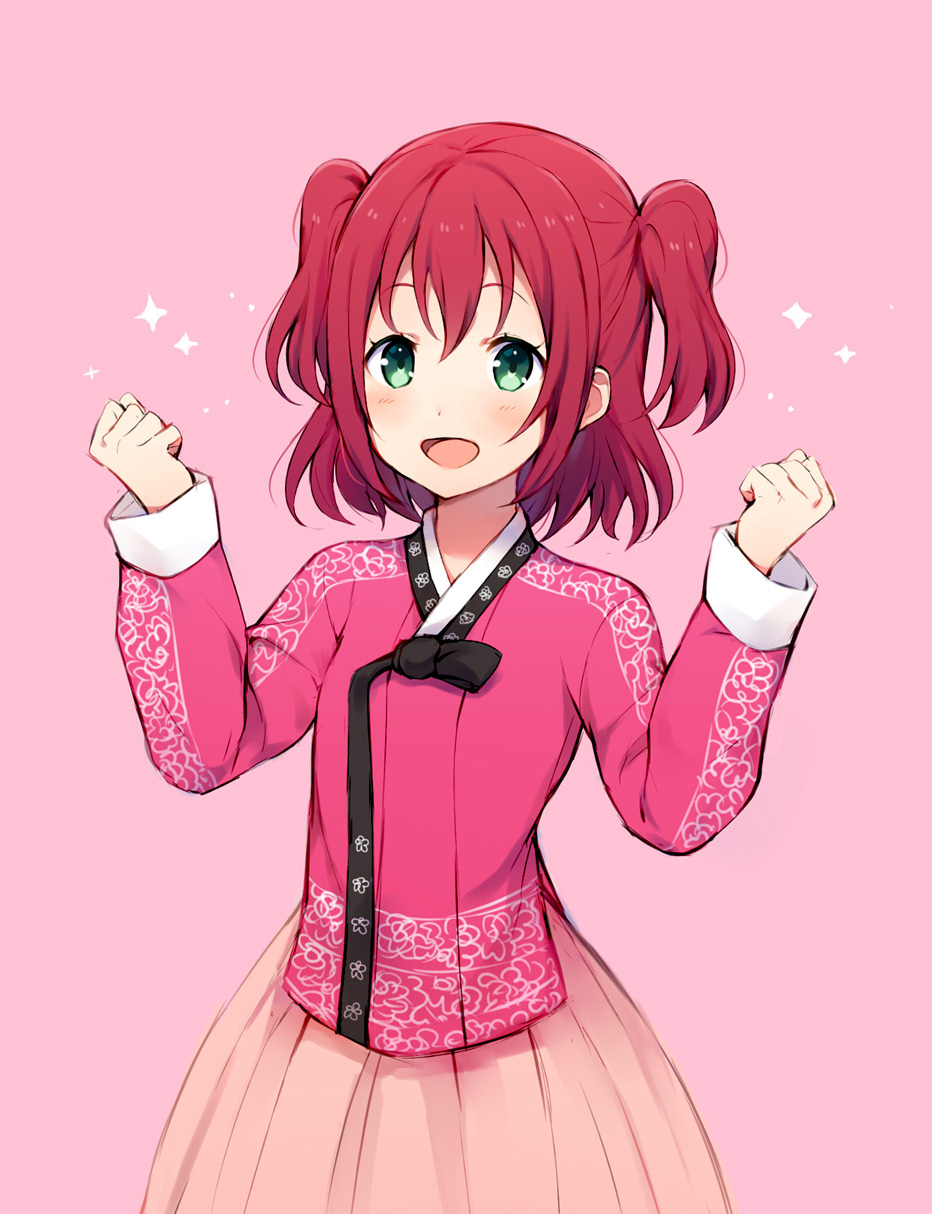 1girl :d alternate_costume aqua_eyes arms_up bangs black_ribbon blush bubble_skirt chinese_clothes clare_(puyo2) clenched_hands comic floral_print highres kurosawa_ruby long_sleeves love_live! love_live!_sunshine!! open_mouth pink_background pink_skirt redhead ribbon short_hair simple_background skirt smile solo sparkle two_side_up