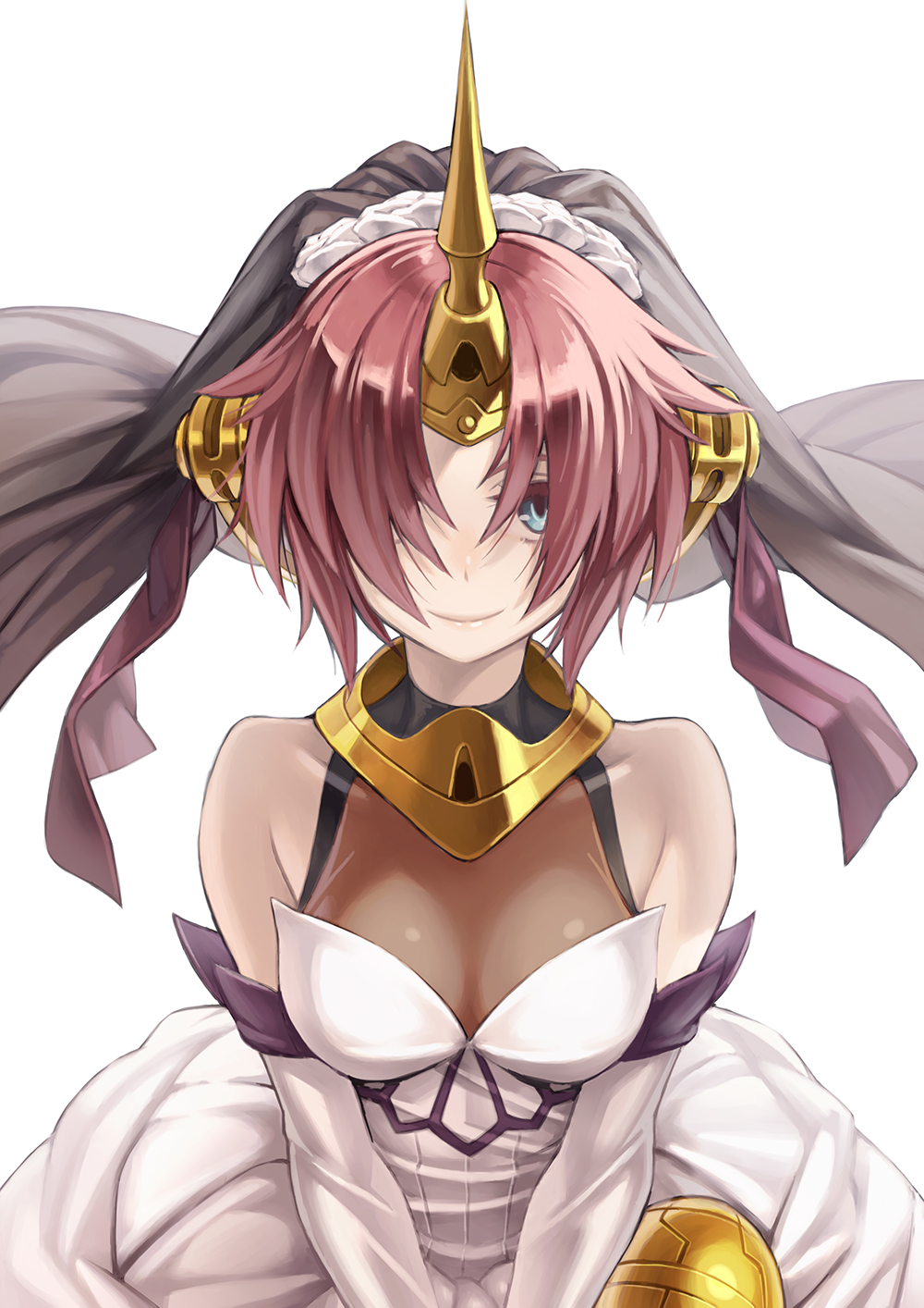 1girl blue_eyes breasts dress elbow_gloves fate/apocrypha fate/grand_order fate_(series) frankenstein's_monster_(fate) gloves hair_over_eyes hair_over_one_eye headgear highres horn kame_(pixiv) looking_at_viewer pink_hair short_hair small_breasts smile solo veil wedding_dress white_dress white_gloves
