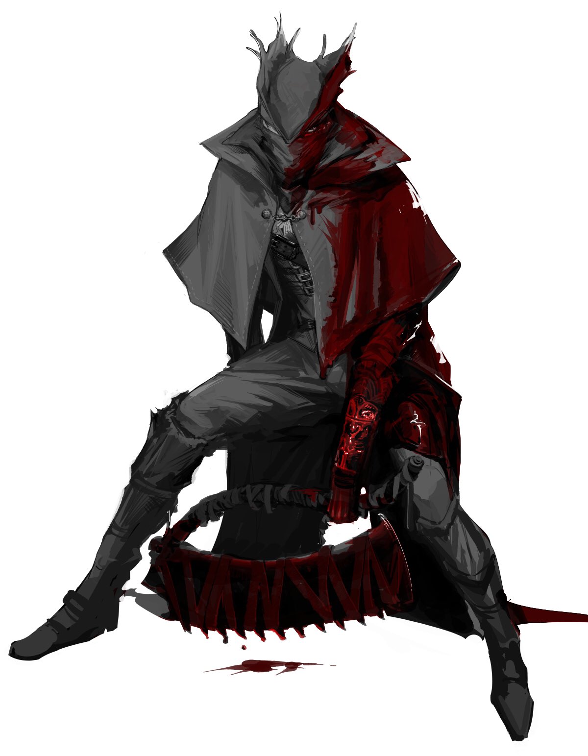 1boy blood bloodborne bloody_clothes bloody_weapon covering_face dripping hat highres holding holding_weapon osu5i solo vambraces weapon