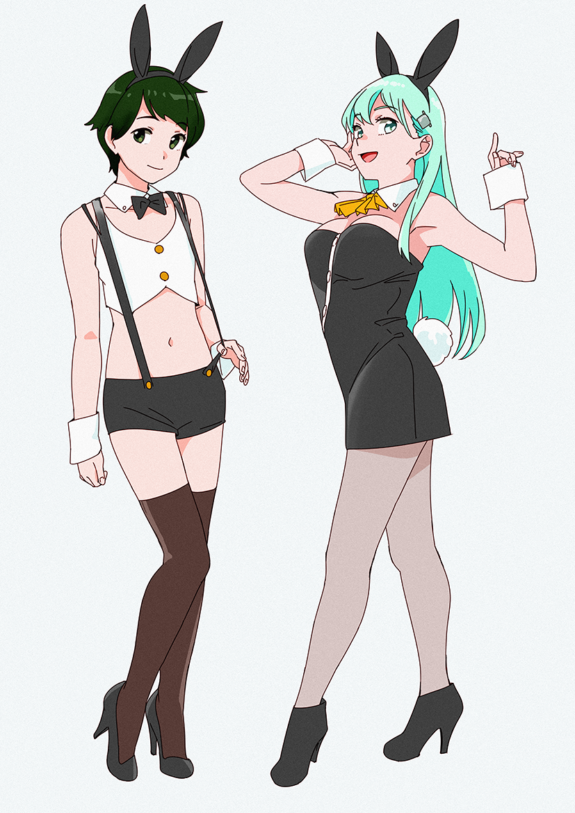 2girls :d alternate_costume animal_ears ascot bangs black_dress black_legwear black_shorts breasts brown_legwear bunny_girl commentary_request cuffs dress fake_animal_ears film_grain flat_chest full_body green_eyes green_hair grey_background hair_ornament hairclip high_heels kantai_collection light_green_hair long_hair looking_at_viewer medium_breasts midriff mogami_(kantai_collection) multiple_girls navel ojipon open_mouth rabbit_ears short_hair shorts simple_background sleeveless sleeveless_dress smile suspenders suspenders_pull suzuya_(kantai_collection) swept_bangs thigh-highs