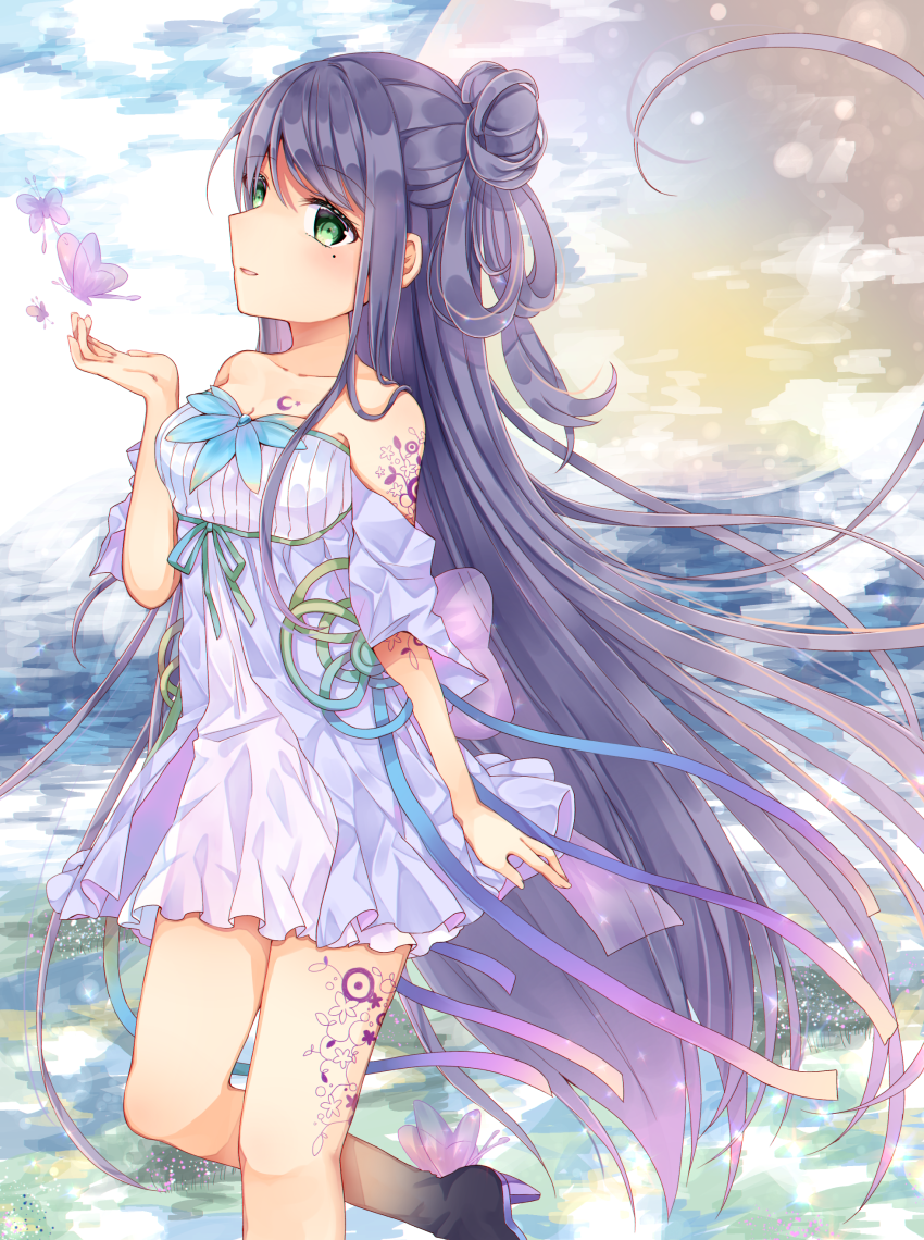 1girl bare_shoulders bug butterfly commentary_request detached_sleeves dress green_eyes hair_bun insect long_hair looking_at_viewer off-shoulder_dress off_shoulder one_side_up original parted_lips purple_hair shikino_(sikinonono) smile solo tattoo