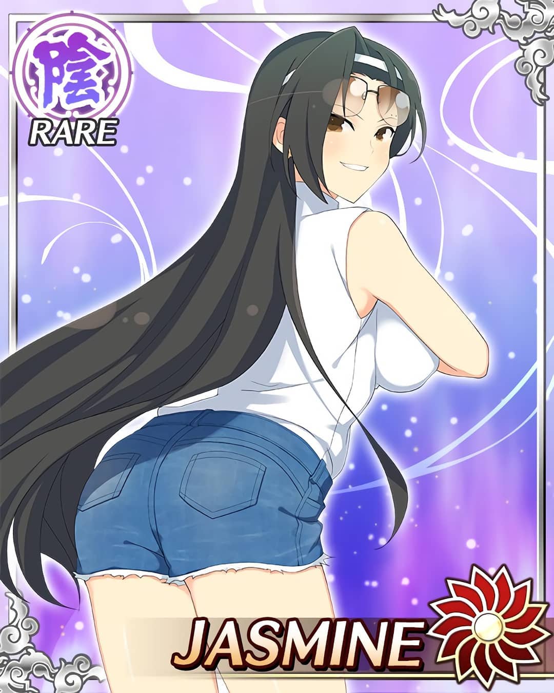 1girl bare_legs bare_shoulders black_hair blouse breasts brown_eyes card_(medium) character_name denim denim_shorts emblem grin hair_ornament hairband highres jasmine_(senran_kagura) large_breasts long_hair looking_back official_art senran_kagura senran_kagura_new_wave shorts smile solo sunglasses turtleneck