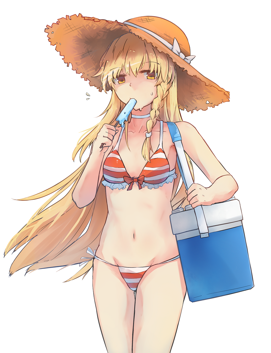 1girl bikini blonde_hair bow braid breasts brown_hat choker cleavage collarbone cowboy_shot eyebrows_visible_through_hair fen_zuo floating_hair food frilled_bikini_top groin hat hat_bow hat_ribbon holding holding_food ice_cream kirisame_marisa long_hair looking_at_viewer navel orange_bikini orange_bow ribbon side-tie_bikini simple_background single_braid small_breasts solo standing straw_hat striped striped_bikini sweatdrop swimsuit touhou very_long_hair white_background white_bow white_ribbon yellow_eyes