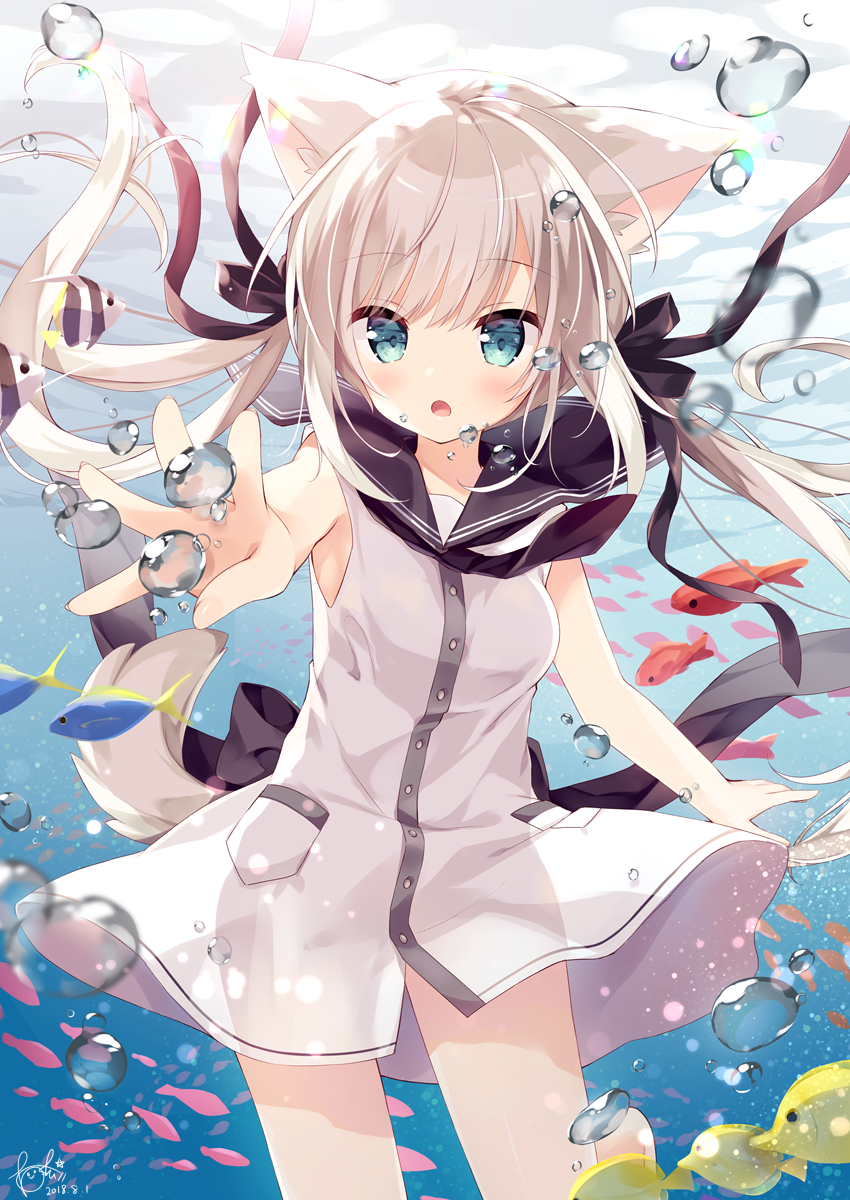 1girl 2018 :o air_bubble animal_ears bare_arms barefoot black_neckwear black_ribbon black_sailor_collar blue_eyes blush bubble commentary_request cowboy_shot dated dress eyebrows_visible_through_hair fish floating_hair hair_ribbon highres hoshi_(snacherubi) long_hair looking_at_viewer necktie open_mouth original outstretched_arm pocket reaching_out ribbon sailor_collar sailor_dress short_dress signature sleeveless sleeveless_dress solo submerged tail tropical_fish twintails underwater water white_dress white_hair