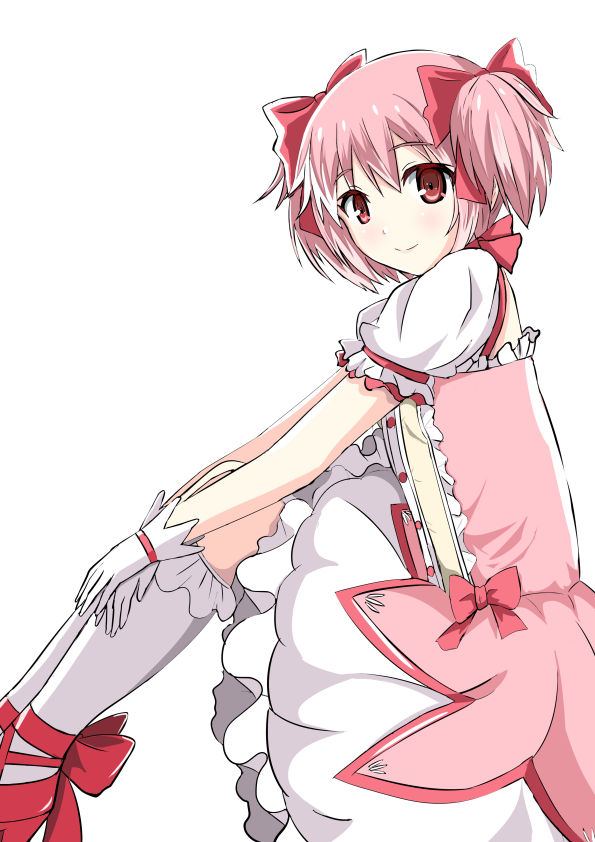 1girl ankle_bow ankle_ribbon bow bubble_skirt eyebrows_visible_through_hair from_side gloves hair_between_eyes hair_bow kaname_madoka kneehighs looking_at_viewer magical_girl mahou_shoujo_madoka_magica natsuzakura_yuuki pink_bow pink_hair red_bow red_eyes red_footwear ribbon short_hair short_sleeves short_twintails simple_background skirt smile solo twintails white_background white_gloves white_legwear white_skirt