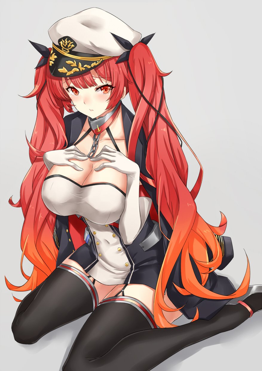 1girl asya azur_lane bangs black_legwear black_ribbon blush breast_suppress breasts buttons cleavage closed_mouth collarbone dress elbow_gloves eyebrows_visible_through_hair frown garter_straps gloves hair_ribbon hat highres honolulu_(azur_lane) jacket_on_shoulders large_breasts long_hair looking_at_viewer peaked_cap red_eyes redhead ribbon rudder_shoes short_dress side_slit sidelocks sitting skindentation solo thigh-highs thighs twintails wariza white_gloves