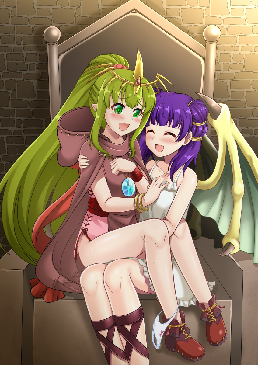 2girls blush bracelet chiki cloak closed_eyes dragon_wings dress fire_emblem fire_emblem:_mystery_of_the_emblem fire_emblem:_seima_no_kouseki fire_emblem_heroes green_eyes green_hair highres hood hood_down jewelry long_hair mamkute multi-tied_hair multiple_girls myrrh nintendo open_mouth panties panties_around_leg pointy_ears ponytail purple_hair sitting stone the-sinner tiara twintails underwear white_dress white_panties wings wristband yuri