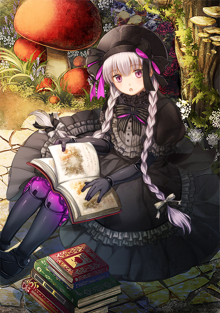 1girl beret black_bow black_dress black_hat book bow bowtie braid doll_joints dress fate/extra fate_(series) flower gothic_lolita hair_bow hat hat_bow holding holding_book kichannico lolita_fashion long_hair mushroom nursery_rhyme_(fate/extra) open_book pile_of_books puffy_short_sleeves puffy_sleeves red_flower short_sleeves silver_hair sitting solo tree twin_braids violet_eyes white_flower